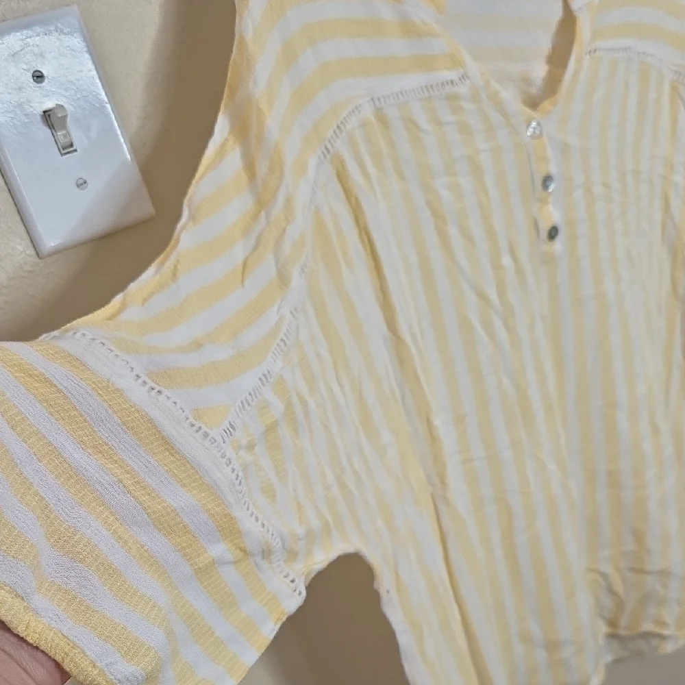 Adrienne Vittadini Blouse Yellow White Stripe Women 2X Boho Henley Peasant Lagen - Picture 6 of 7
